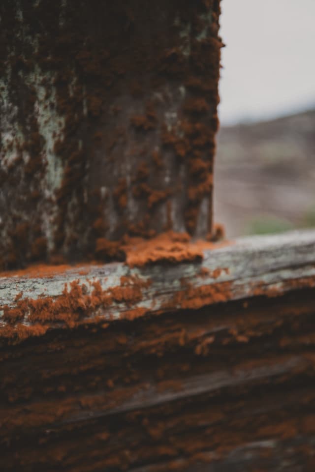 Close-up of rusted metal on an old window frame.