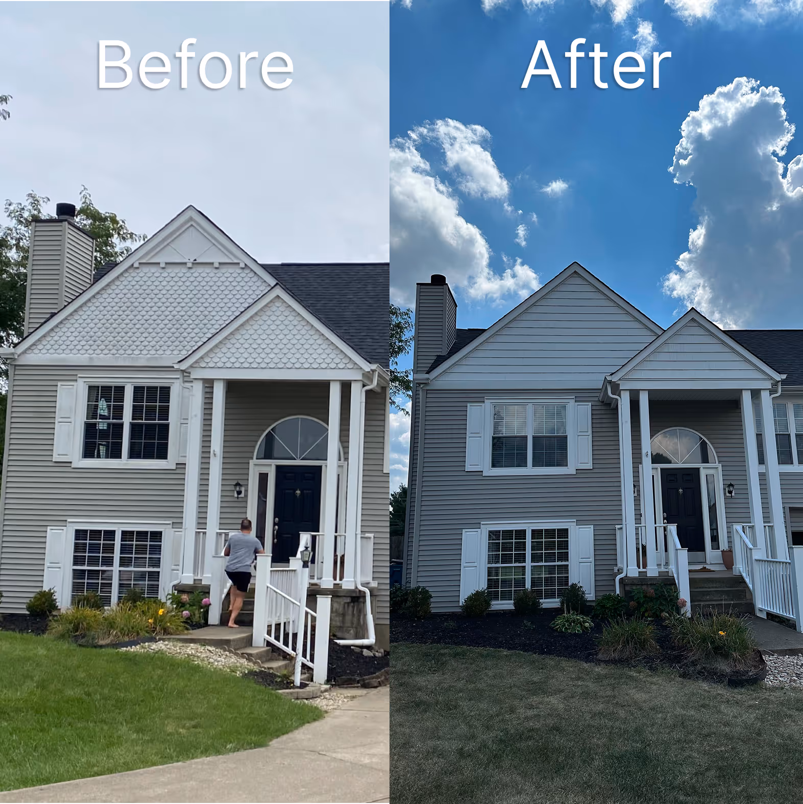 Before and after of house with new white paint