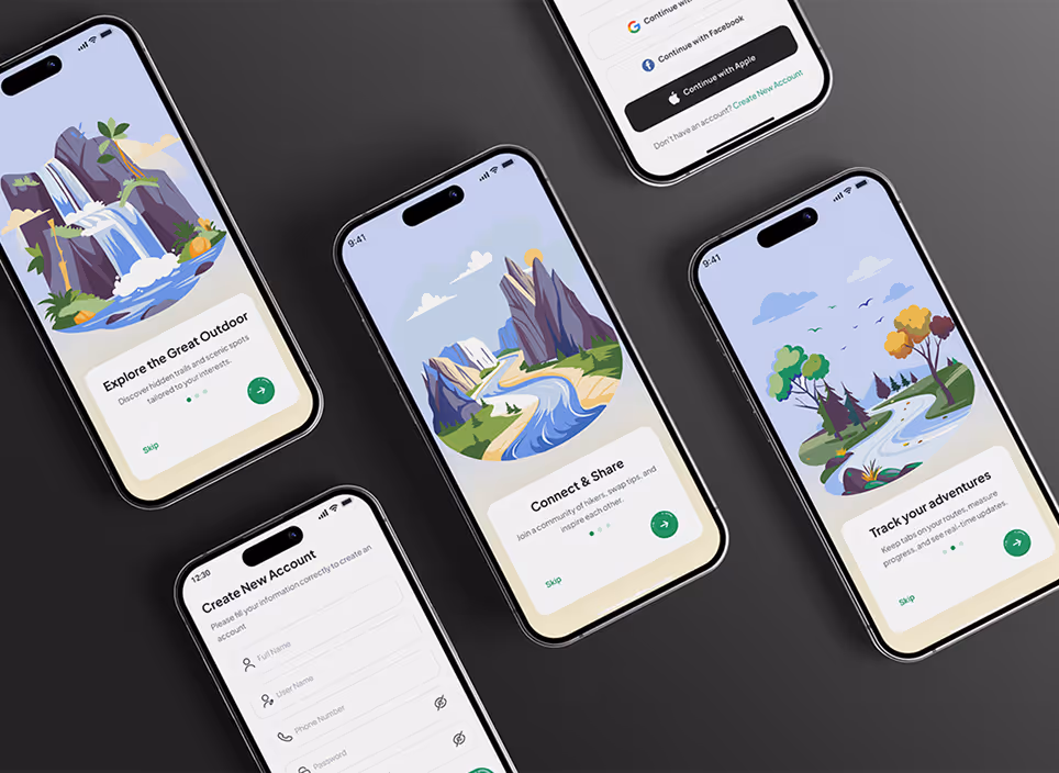 Five smartphones displaying outdoor adventure app screens including a waterfall, mountains, river scenes, account creation form, and social login options.