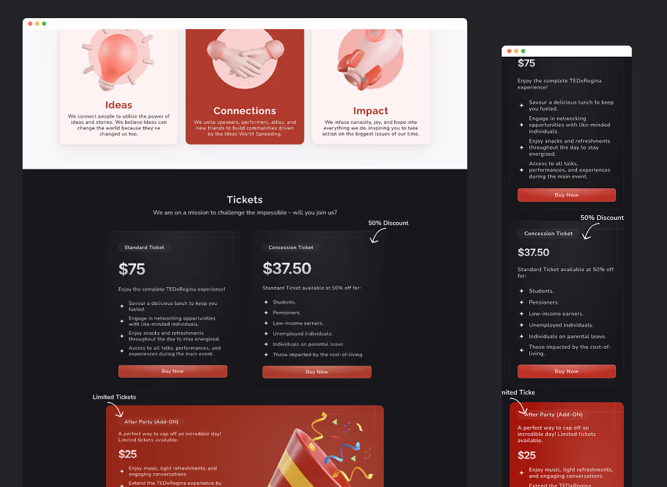 Event pricing section showing tickets for TEDxRegina: Standard Ticket $75 with lunch and networking, Concession Ticket $37.50 at 50% off for students and others, and After Party add-on for $25 with music and refreshments.