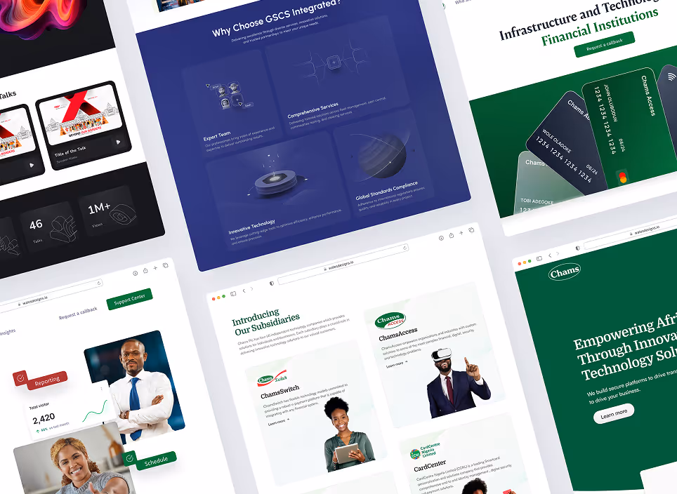 Collage of multiple website screens showcasing technology solutions, financial services, team members, and subsidiary company introductions with business professionals and data visuals.