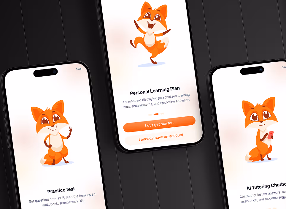 Three smartphones displaying an app onboarding with cartoon fox characters and features like Practice test, Personal Learning Plan, and AI Tutoring Chatbot.