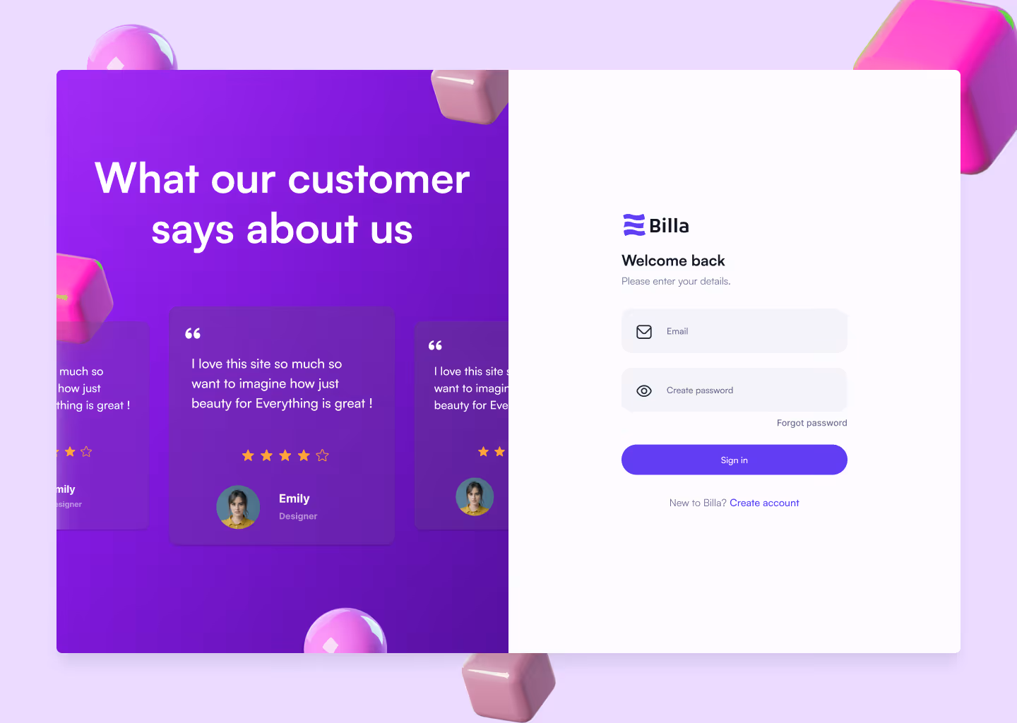 Split screen with purple left side showing customer testimonials and white right side displaying Billa login form with email and password fields.