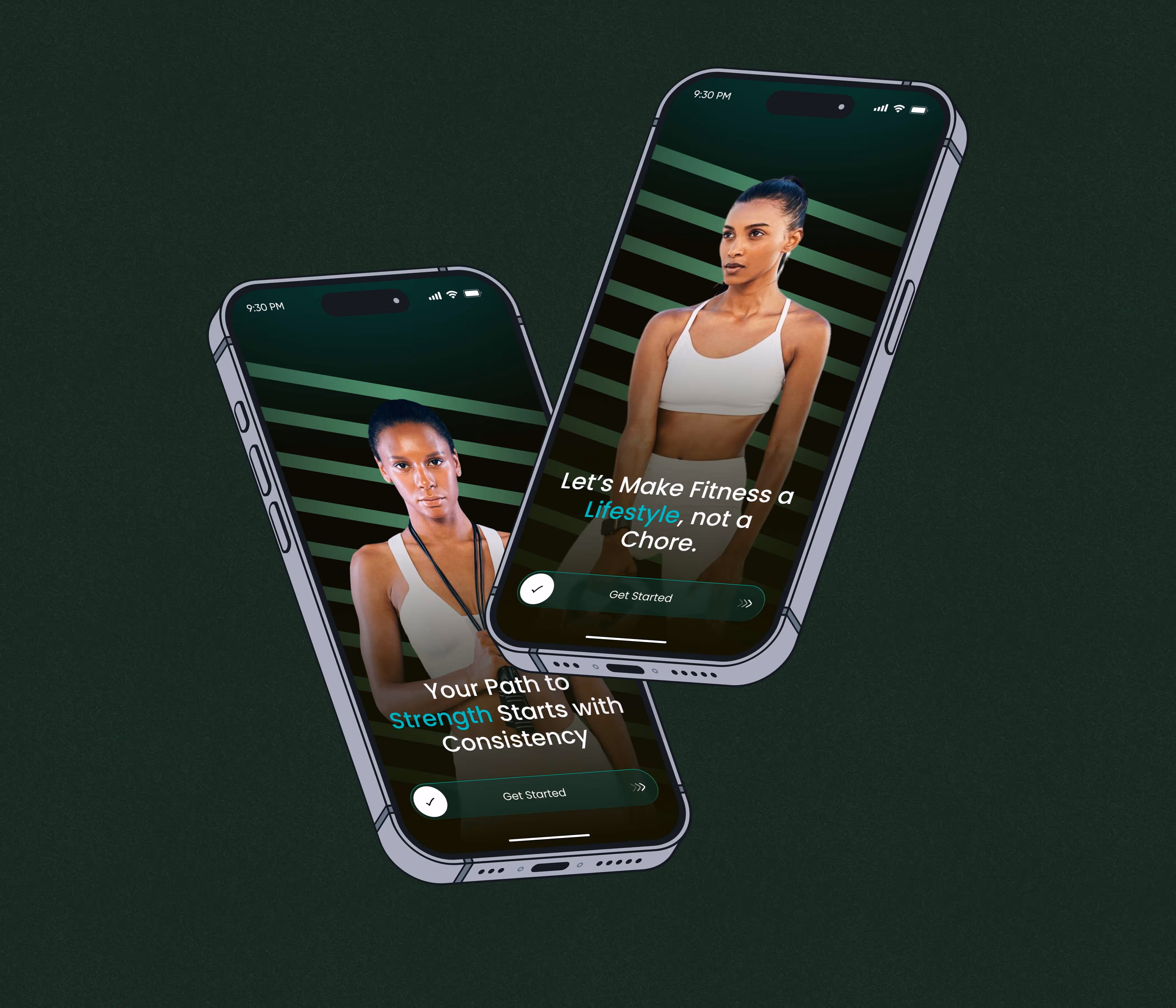 Two smartphones displaying fitness app screens with women in sportswear and motivational messages about fitness and consistency, each with a 'Get Started' button.