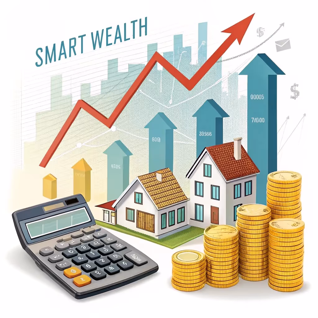 Illustration mit Häusern, Geldmünzen, Taschenrechner und steigender Kurve – symbolisiert smartes Investieren, Vermögensaufbau und Immobilienrendite.