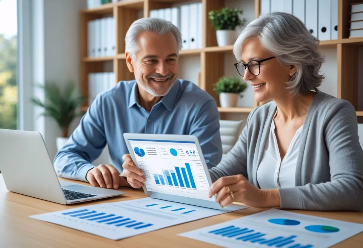 Ein Paar sitzt an einem Schreibtisch und überprüft gemeinsam Finanzunterlagen in einem hellen Arbeitszimmer.