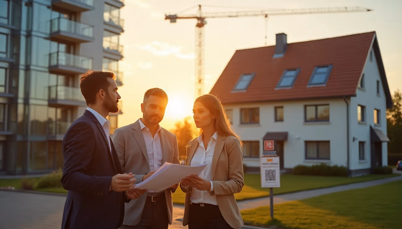 Eine Immobilienmaklerin bespricht mit einem interessierten Paar die Baupläne für eine Neubau-Immobilie bei Sonnenuntergang.