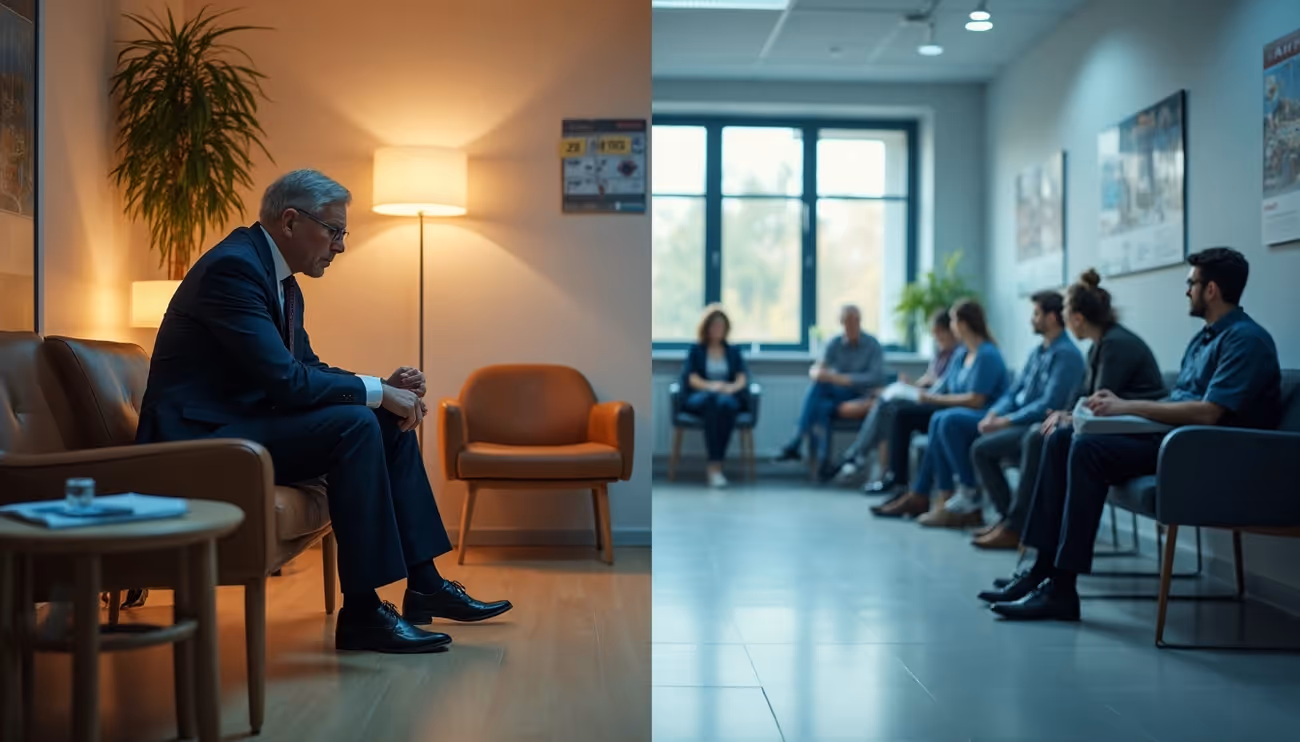 Gegenüberstellung der privaten (PKV) und gesetzlichen (GKV) Krankenversicherung: Links ein Privatpatient in einem leeren, komfortablen Wartezimmer, rechts Kassenpatienten in einer vollen Arztpraxis.