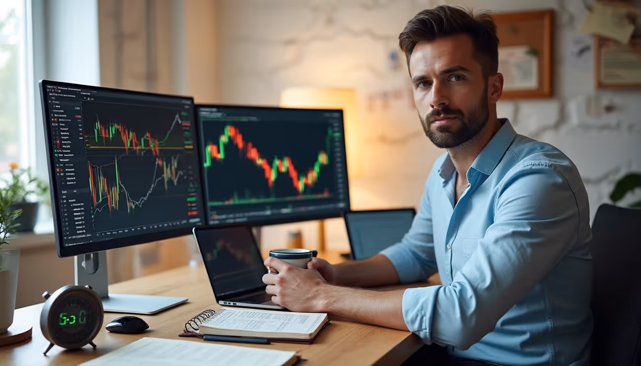 Ein Mann sitzt an einem Schreibtisch vor mehreren Monitoren, die komplexe Aktiencharts und Kursverläufe anzeigen. Er analysiert die Finanzmärkte in einem modernen Handelsumfeld.