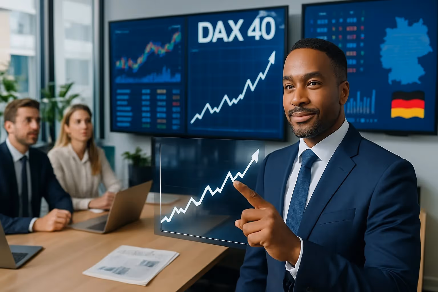 Geschäftsleute analysieren Aktiencharts in einem modernen Büro, um die Bedeutung des DAX 40 für Investoren darzustellen.