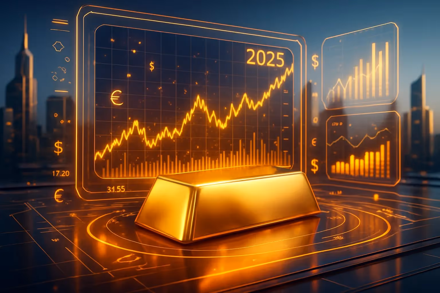 Eine 3D-Darstellung eines glänzenden Goldbarrens auf einer reflektierenden Oberfläche mit digitalen Finanzgrafiken im Hintergrund und einer modernen Stadtlandschaft.