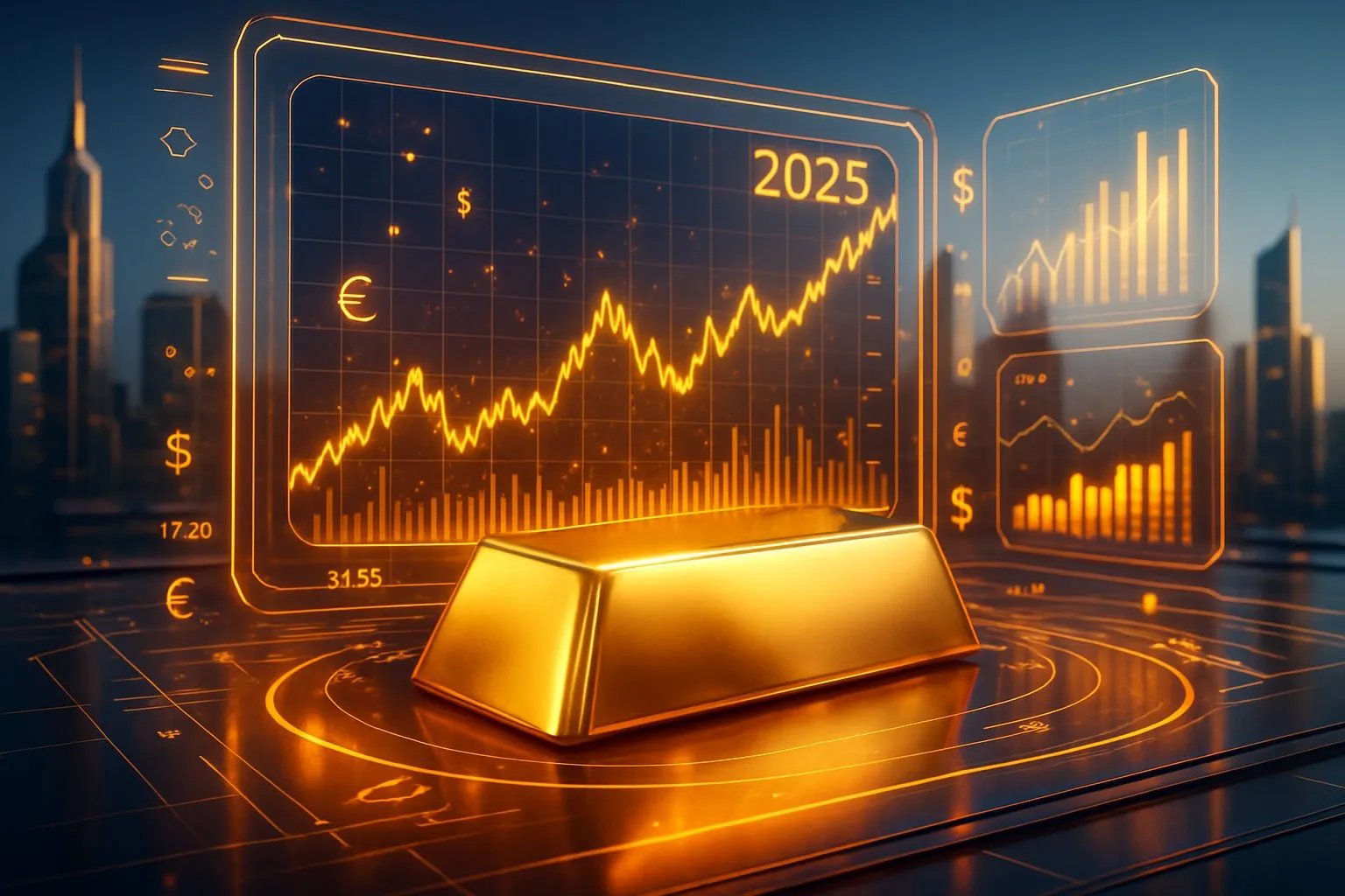 Eine 3D-Darstellung eines glänzenden Goldbarrens auf einer reflektierenden Oberfläche mit digitalen Finanzgrafiken im Hintergrund und einer modernen Stadtlandschaft.