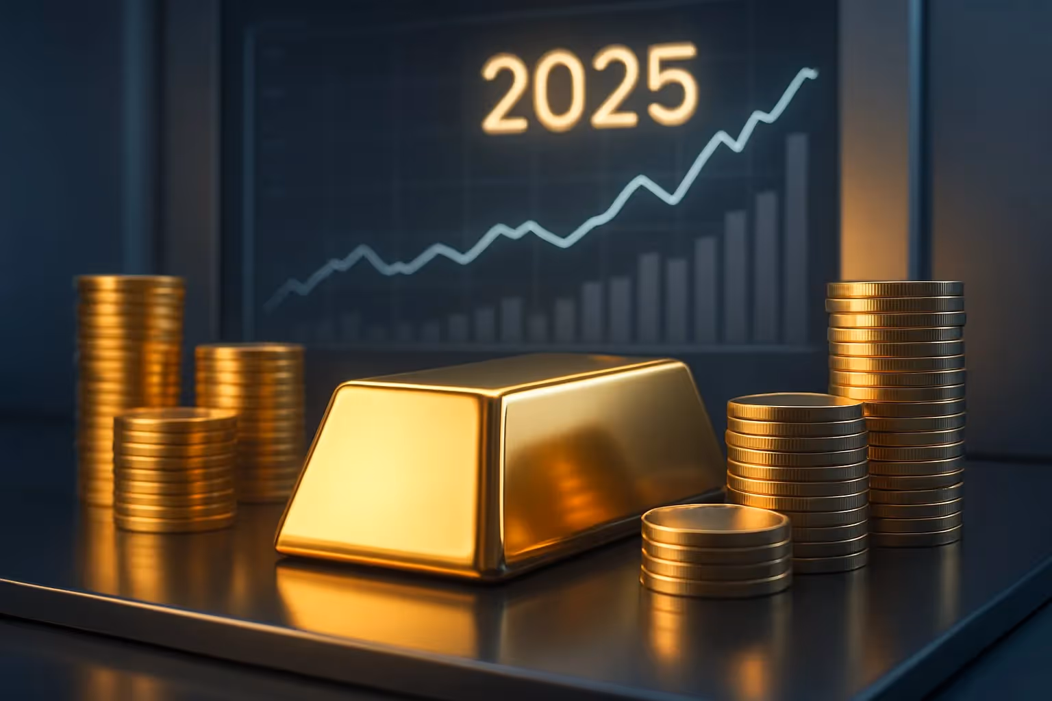 Ein 3D-Bild zeigt einen goldenen Barren und Münzen auf einer reflektierenden Oberfläche mit einem digitalen Finanzdiagramm im Hintergrund.