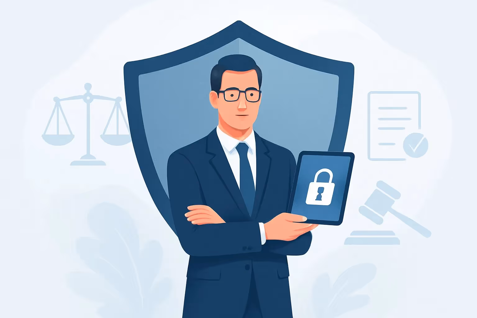 Eine Person in Geschäftskleidung steht vor einem großen Schutzschild mit Symbolen für Recht und Sicherheit im Hintergrund.