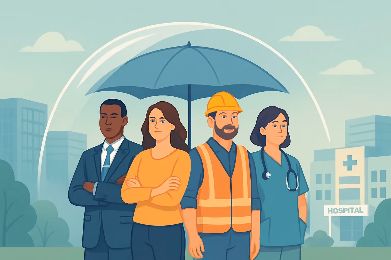 Illustration von Menschen in verschiedenen Berufen unter einem schützenden Schirm als Symbol für Einkommensschutz und Unfallversicherung.