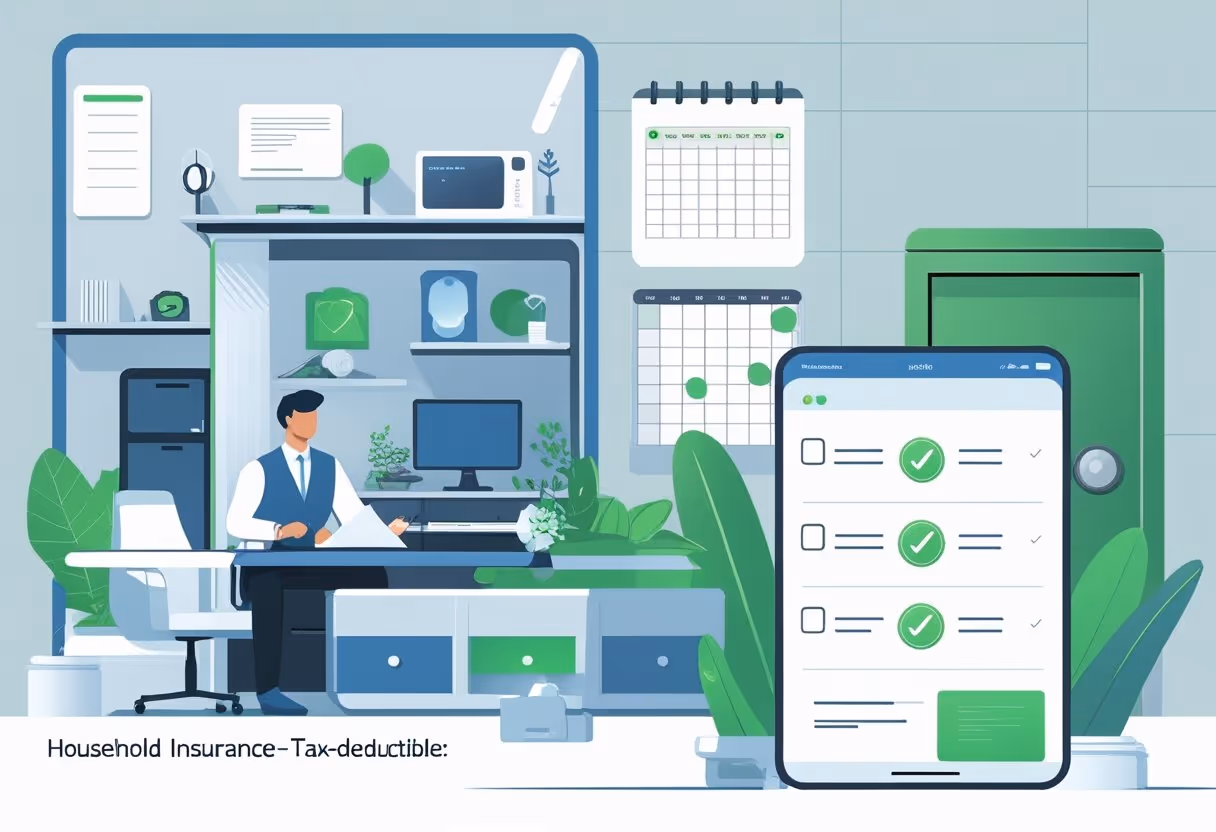 Eine Person sitzt an einem Schreibtisch mit Finanzunterlagen, umgeben von Haushaltsgegenständen, die Schutz und Steuerersparnis symbolisieren.