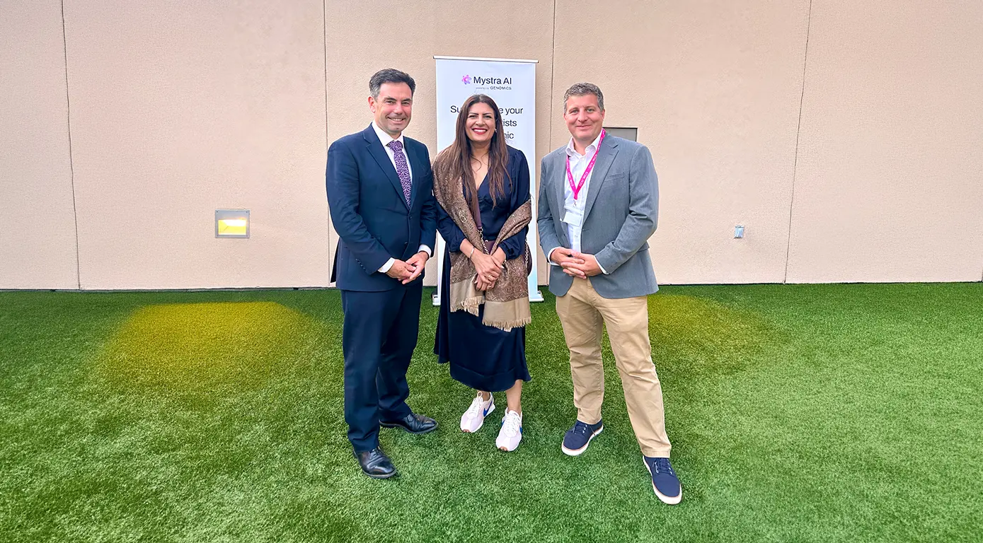Steve Bates OBE FMedSci, an event attendee, and Genomics President David Thornton at the Genomics and Mystra AI reception during BIO 2026 in San Diego.