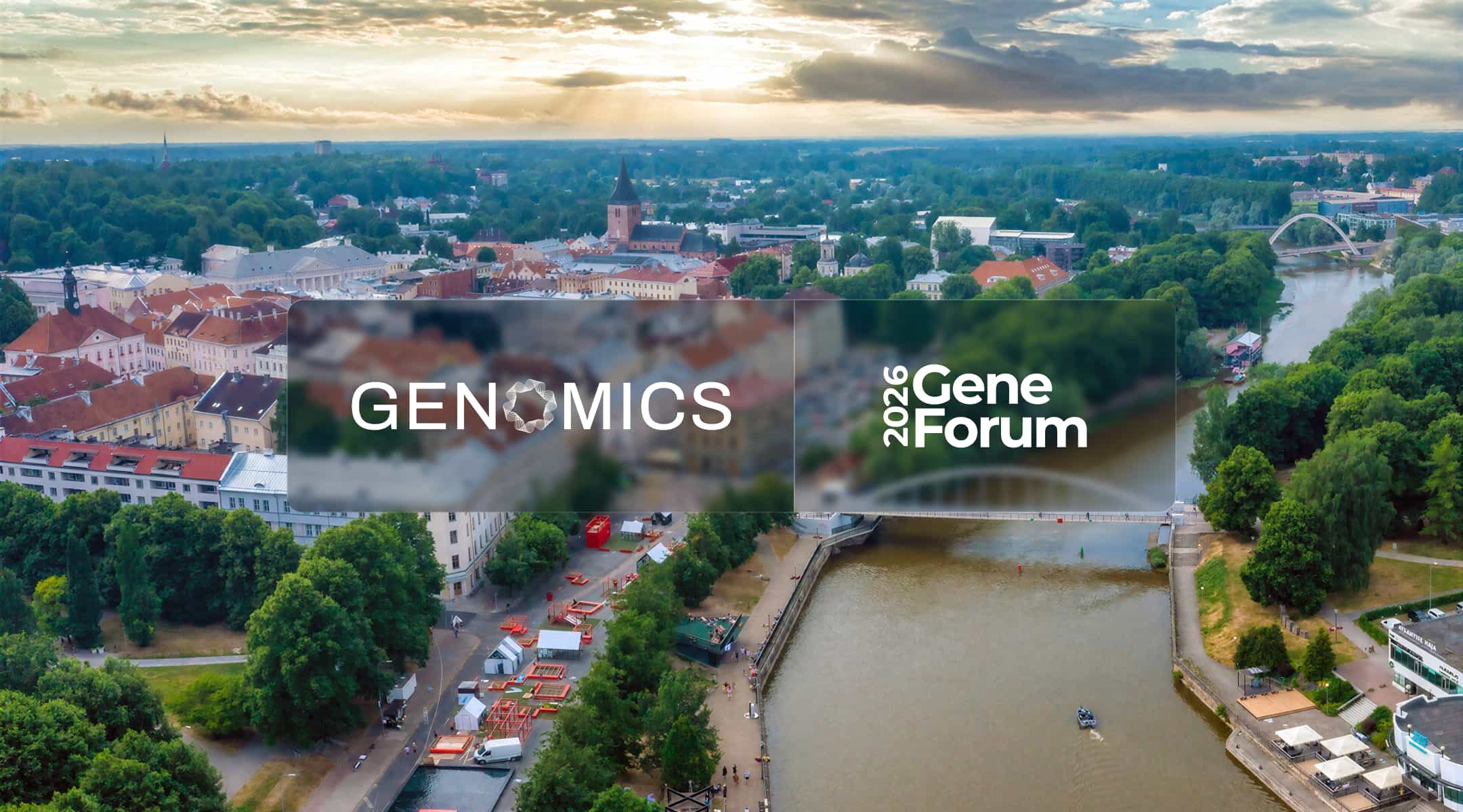 Genomics and Gene Forum 2026 logos over Tartu, Estonia for Gene Forum 2026