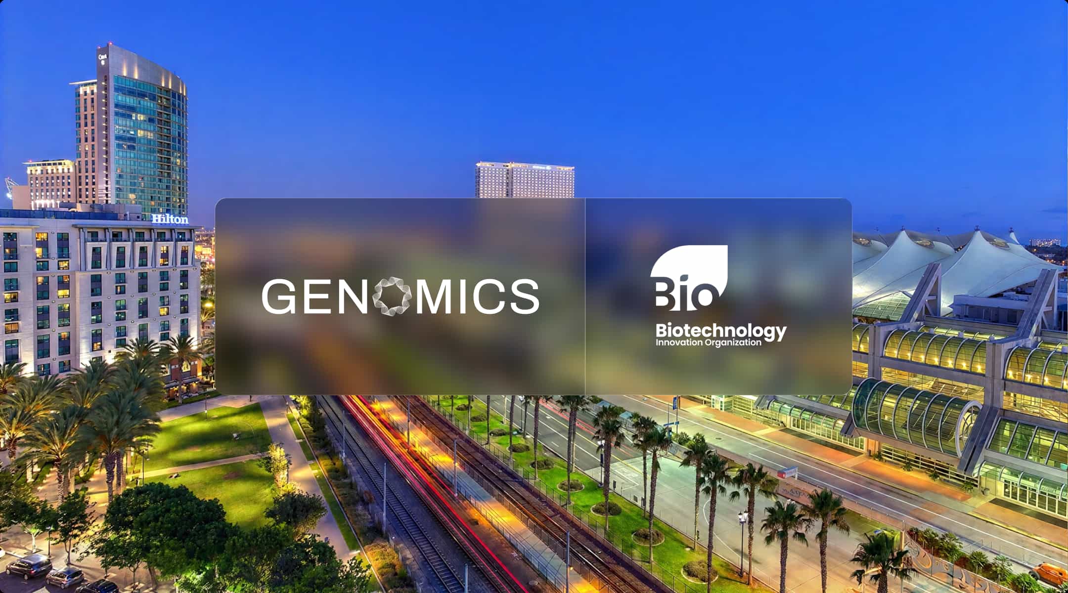 Genomics and Biotechnology Innovation Organization (BIO) logos over the San Diego Convention Center for BIO International Convention 2026