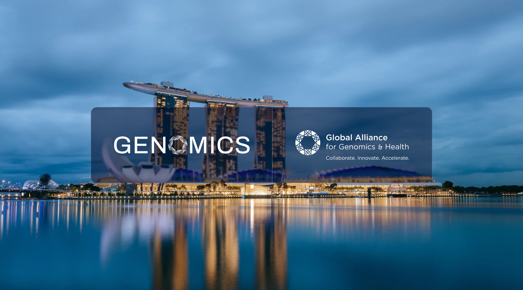 Genomics and Global Alliance for Genomics & Health (GA4GH) logos over Marina Bay Sands in Singapore for the GA4GH 14th Plenary 2026
