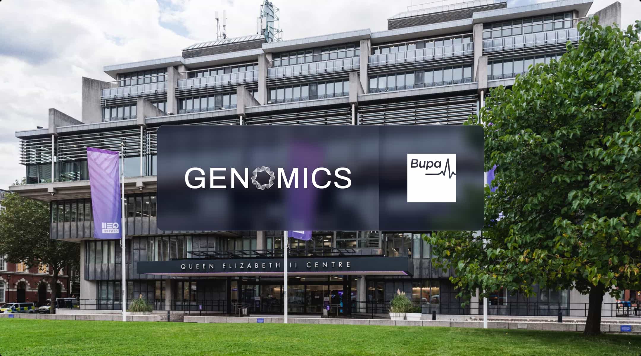 Genomics and Bupa logos over the Queen Elizabeth II Centre in London for the Bupa Symposium 2026