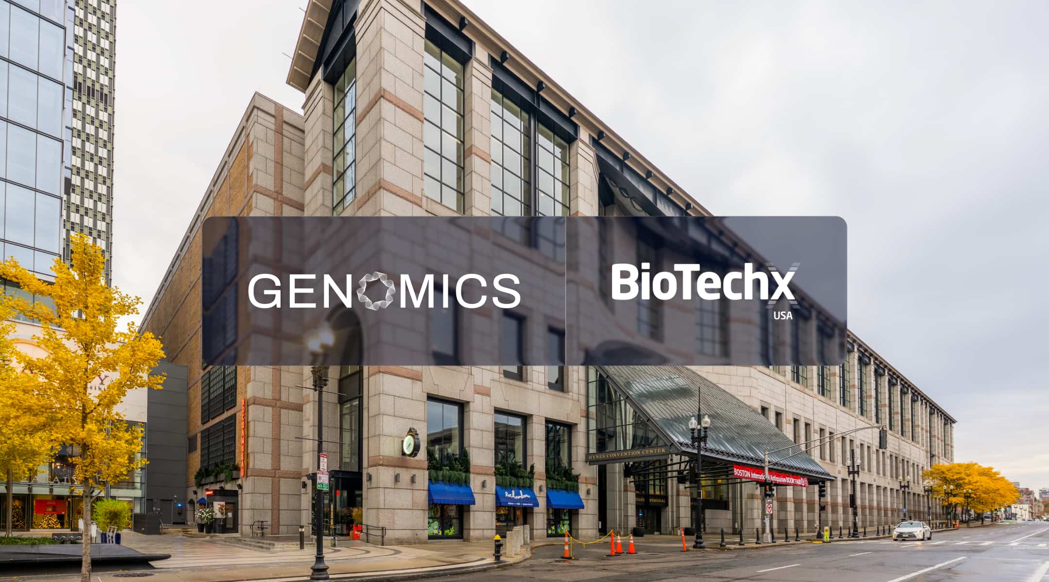Genomics and BioTechX USA logos over the Hynes Convention Center in Boston for BioTechX USA 2026