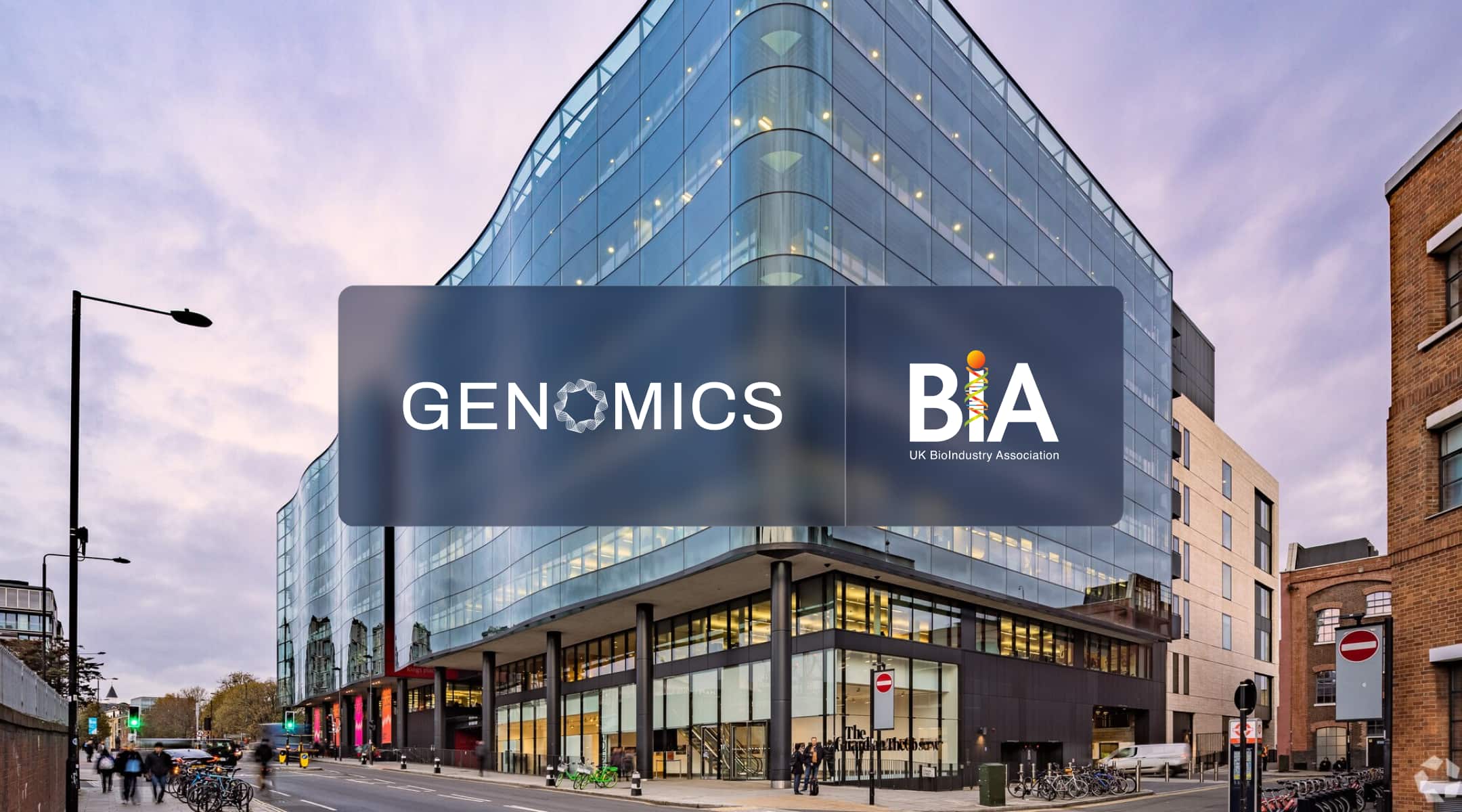 Genomics and UK BioIndustry Association (BIA) logos over King’s Place in London for TechBio UK 2026