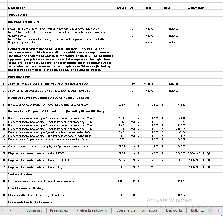 A Bill of Quantities produced by Oakley Blythe Quantity Surveyors or Leamington Spa Warwickshire
