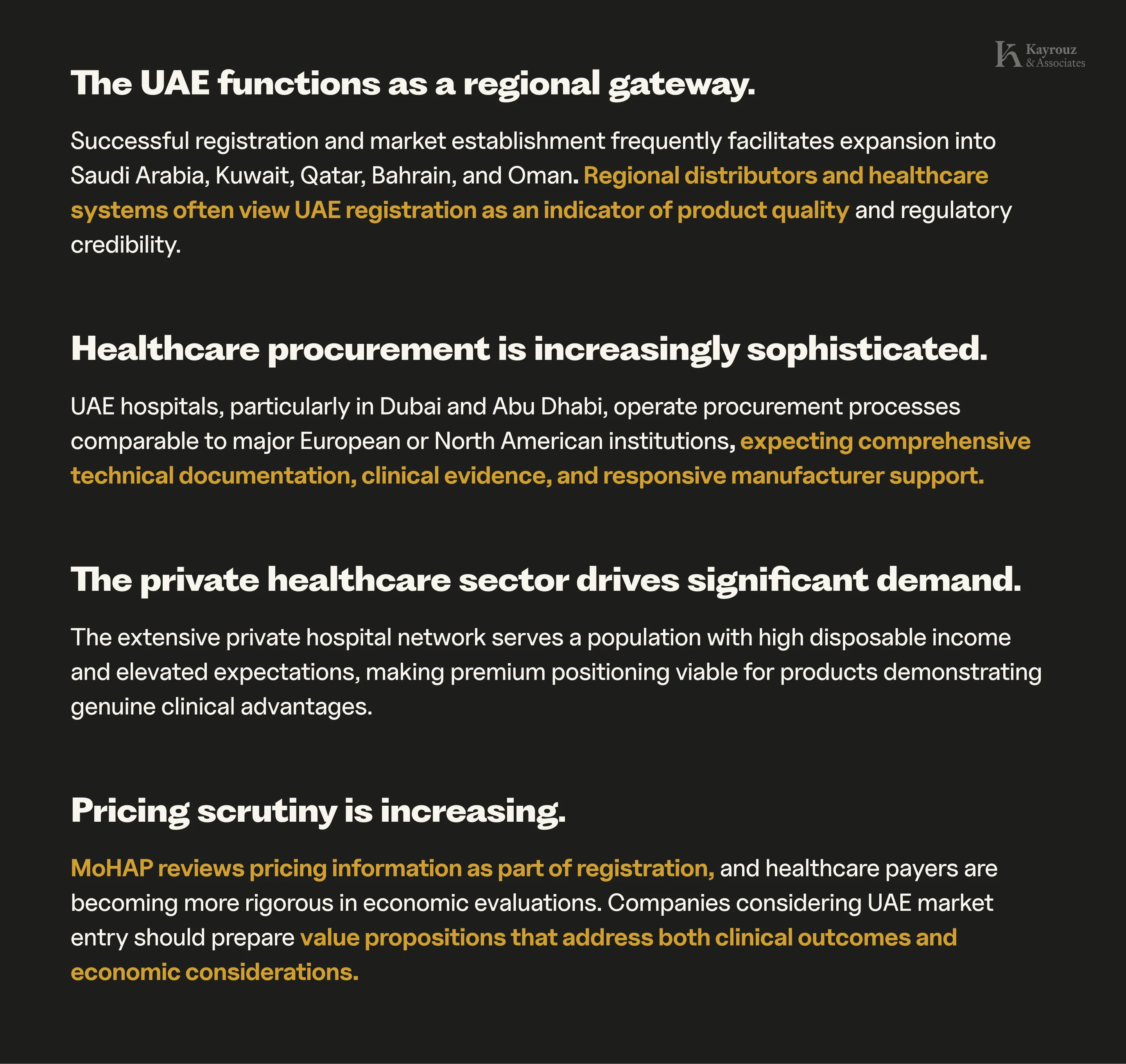 Slide summarising key commercial realities of UAE market entry for hospitals and medical device manufacturers.