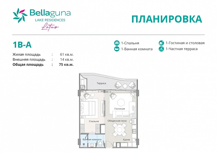 Bellaguna Lake Residences Lotus 1 спальня 1кк 75м² — Бангтао, Пхукет — фото 8