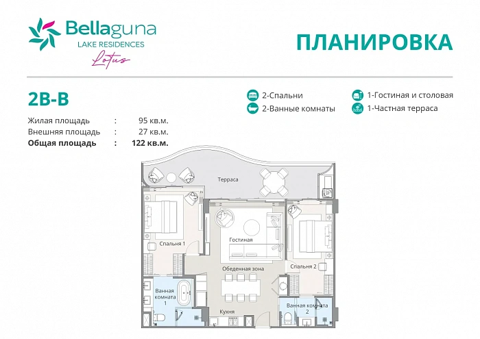 Bellaguna Lake Residences Lotus 2 спальни 2кк 122-198м² — Бангтао, Пхукет — фото 9