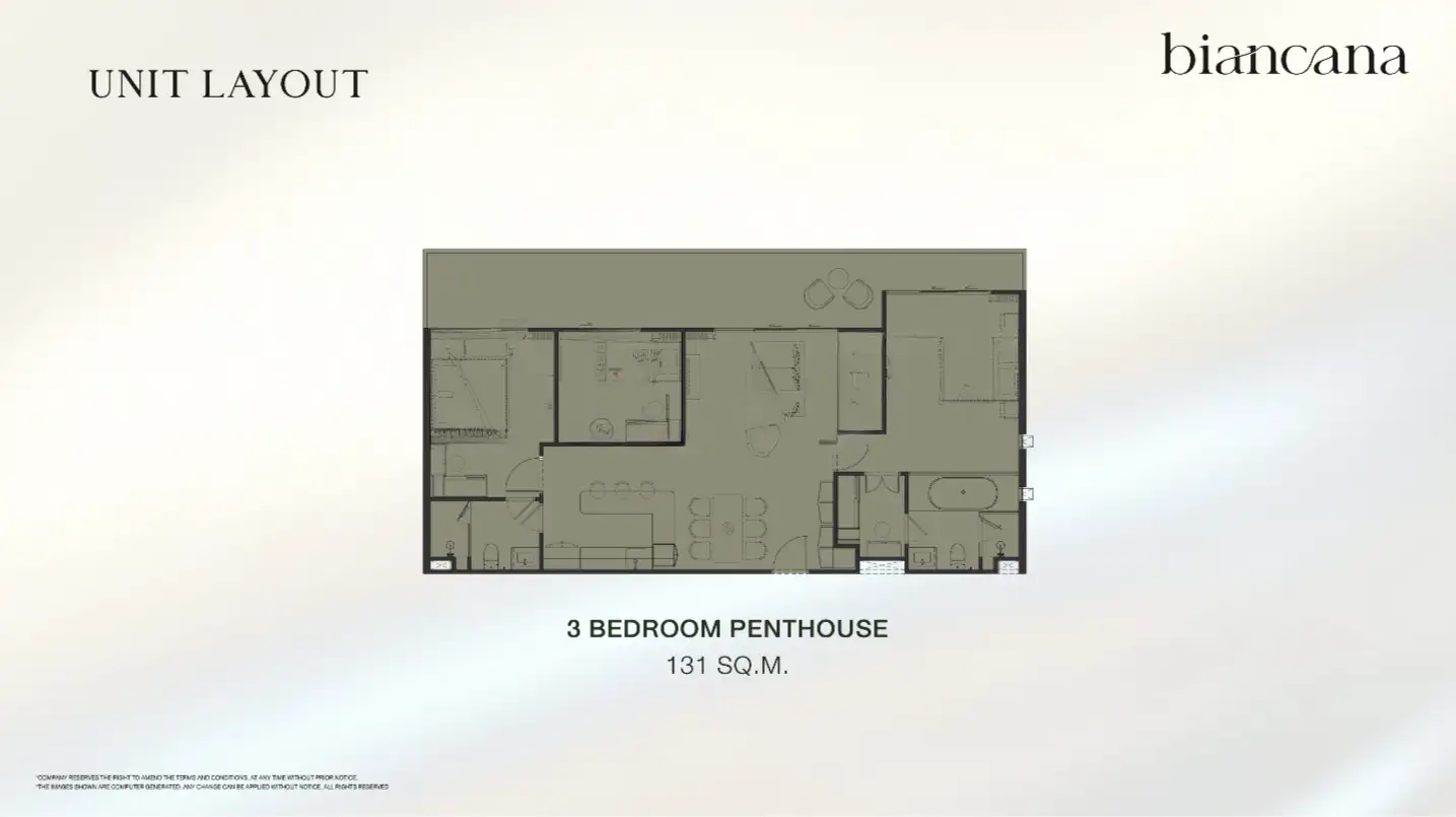 3 Bedroom Penthouse floor plan, 131 sq m — The Title Biancana, Surin