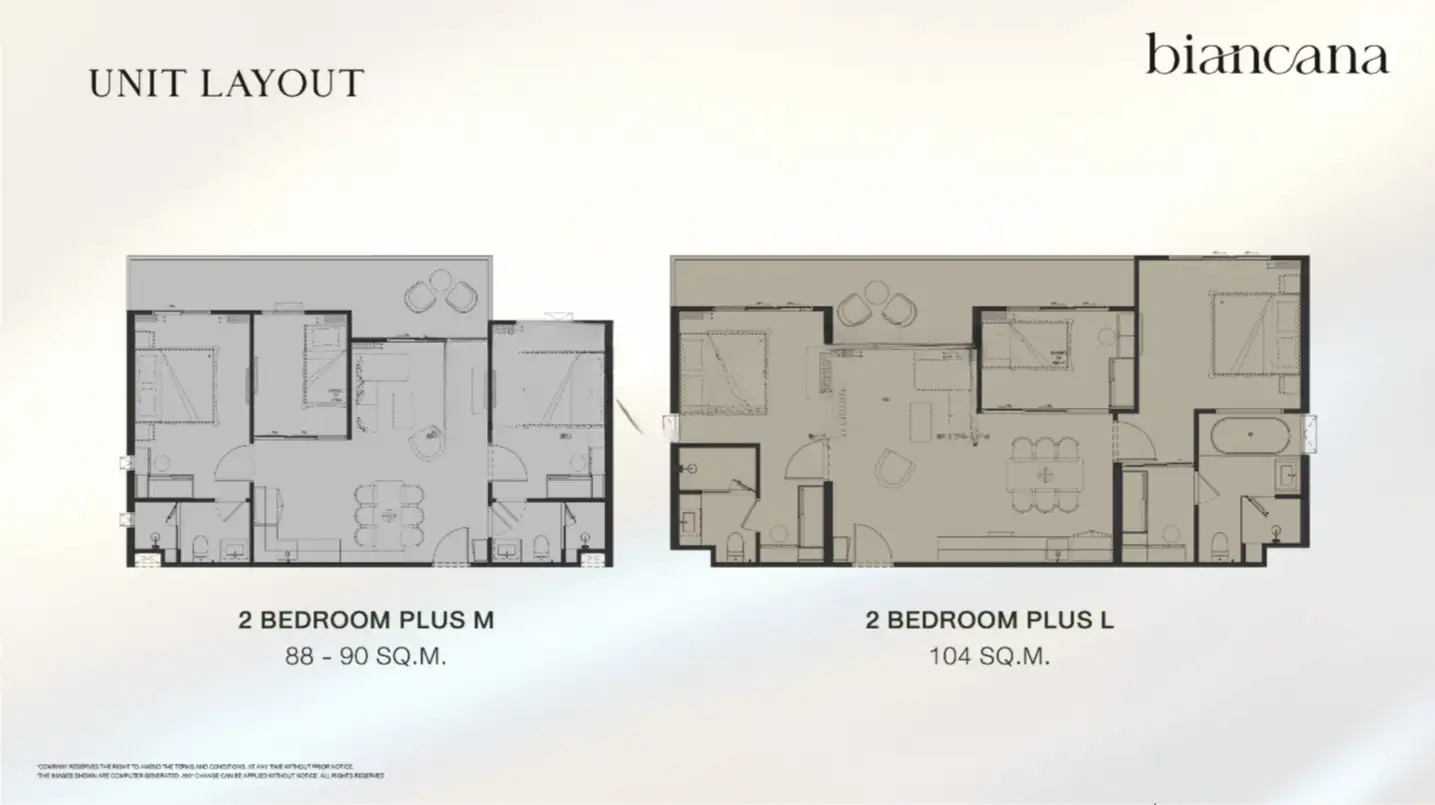 Планировки 2 Bedroom Plus M 88–90 м² и Plus L 104 м² — The Title Biancana, Сурин