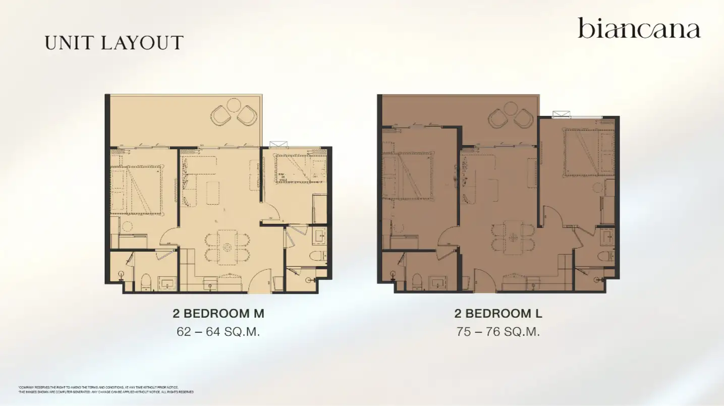 Планировки 2 Bedroom M 62–64 м² и L 75–76 м² — The Title Biancana, Сурин