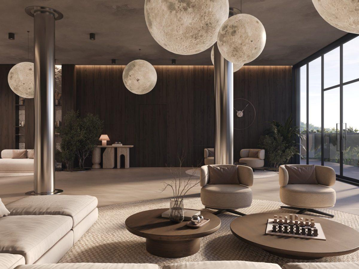 Lobby lounge with moon-shaped lights — Sunny Moon Phuket, Nai Harn