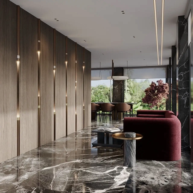 Лобби с мраморной отделкой и бордовым диваном — Hennessy Residence, Карон