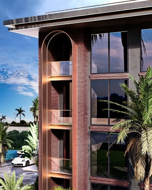 Фасад корпуса с арками и панорамным остеклением — Hennessy Residence, Карон