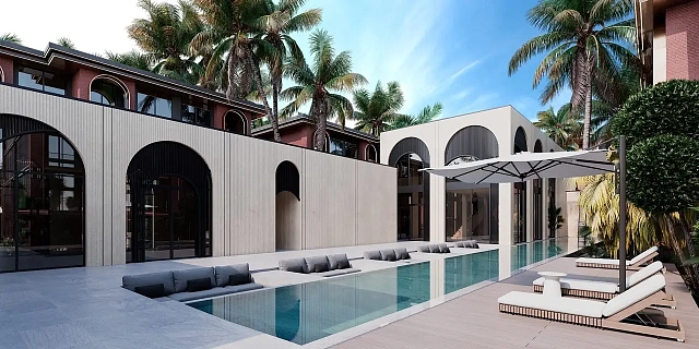 Бассейн с шезлонгами вдоль корпуса — Hennessy Residence, Карон