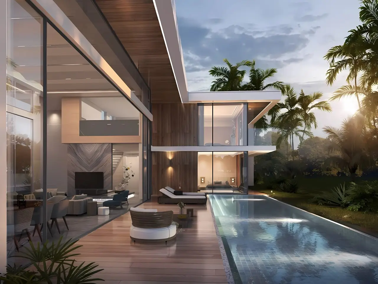 Гостиная с видом на бассейн в вечерней подсветке — Ayana Luxury Villas, Банг Тао