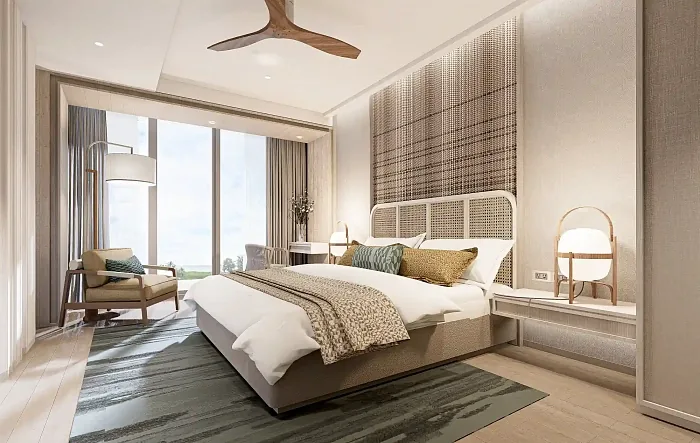 Спальня с плетёным изголовьем и панорамным окном — Bellaguna Lake Residences Lotus, Банг Тао