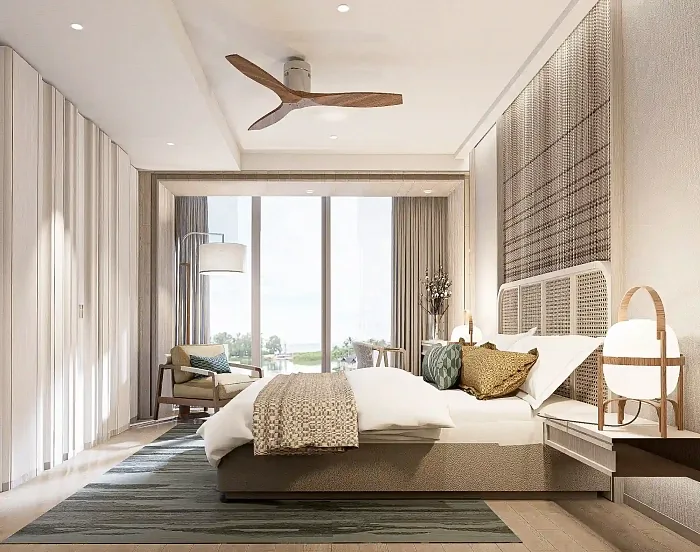 Спальня с плетёным изголовьем и панорамным окном — Bellaguna Lake Residences Lotus, Банг Тао