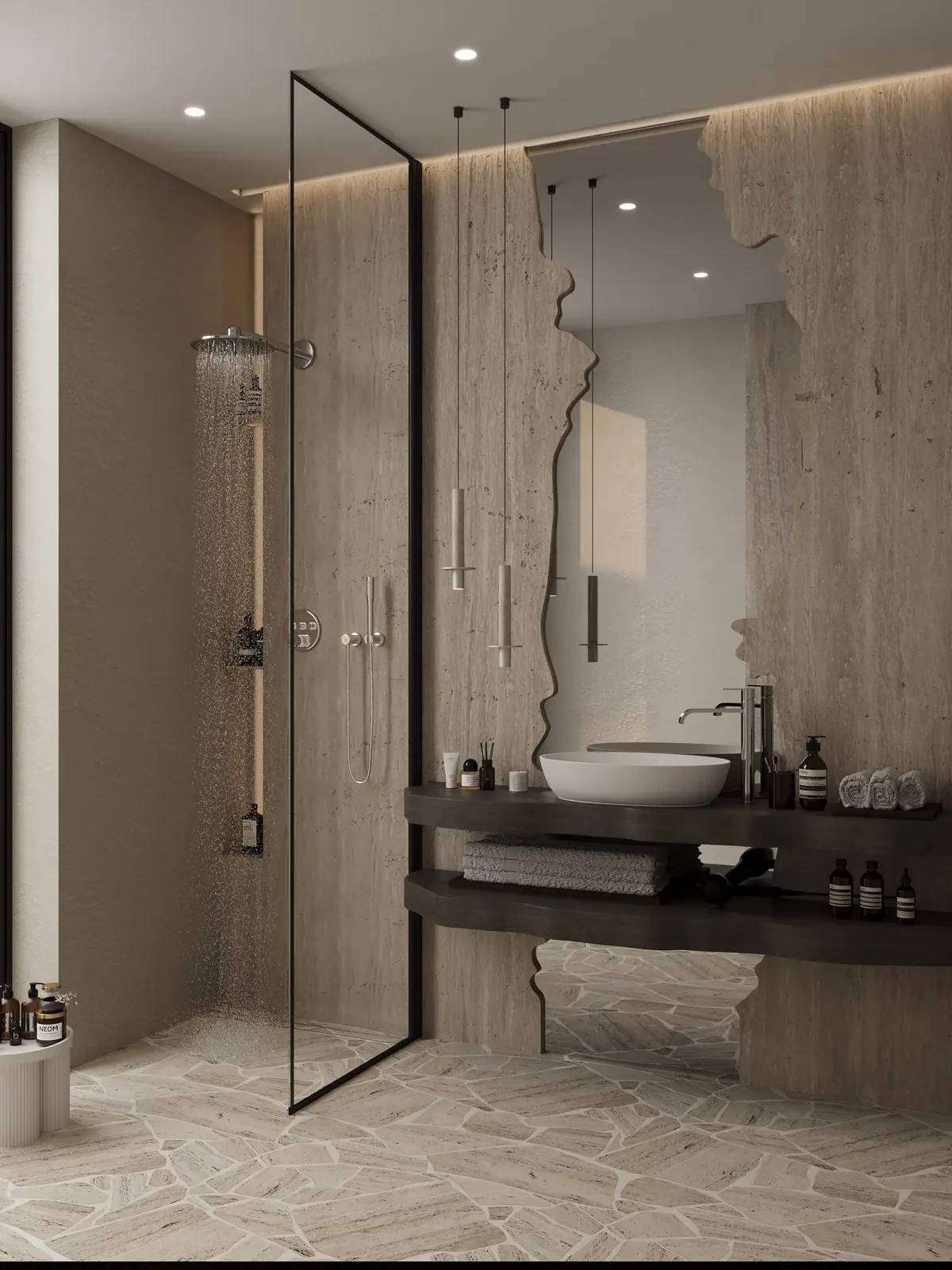 Bathroom with shower behind glass and stone finishes — Sunny Moon Phuket, Nai Harn