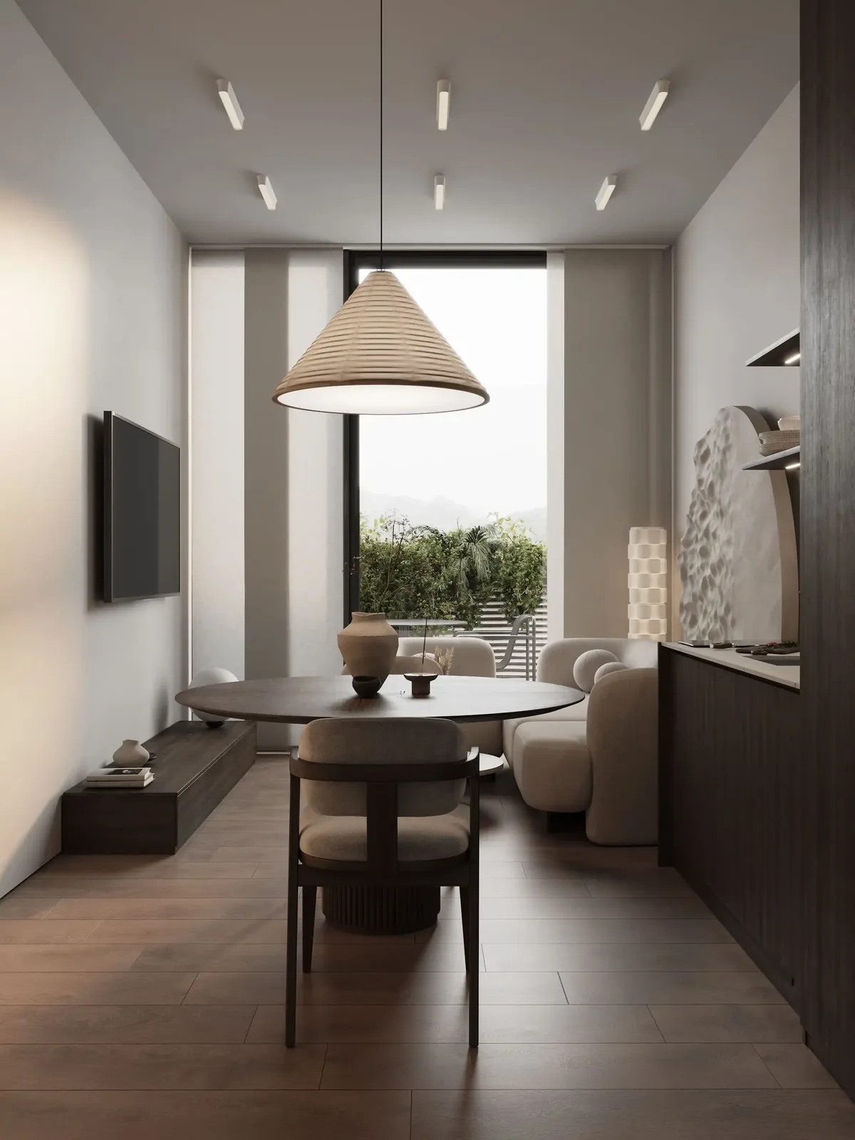 Living room with TV and dining table by the window — Sunny Moon Phuket, Nai Harn