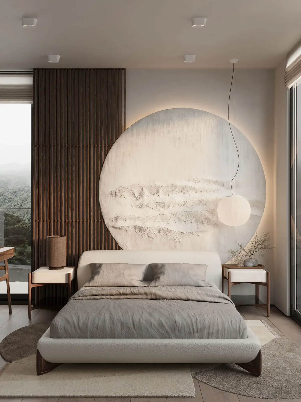Bedroom with round wall panel above the bed — Sunny Moon Phuket, Nai Harn