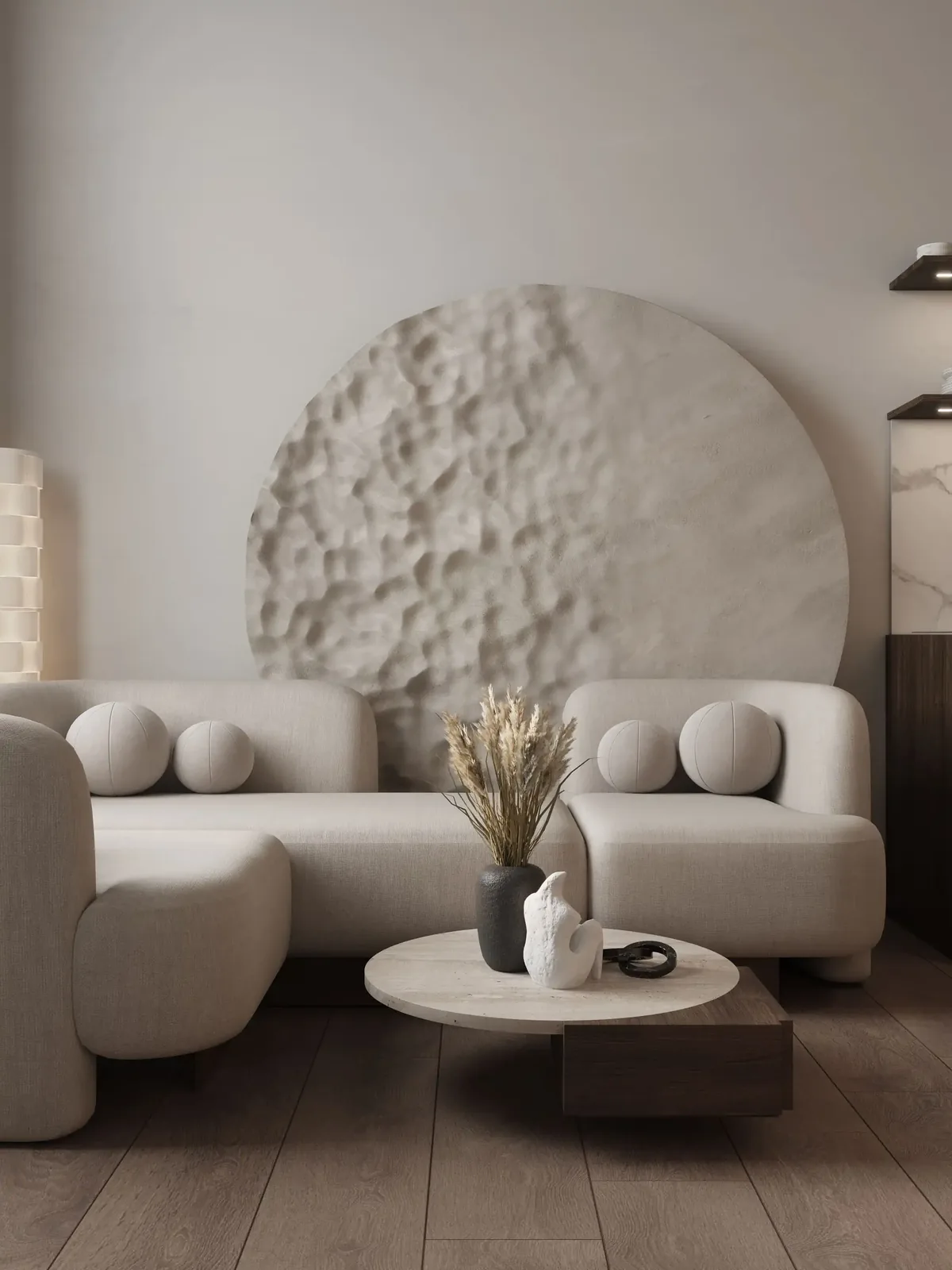 Sofa with round wall panel and coffee table — Sunny Moon Phuket, Nai Harn