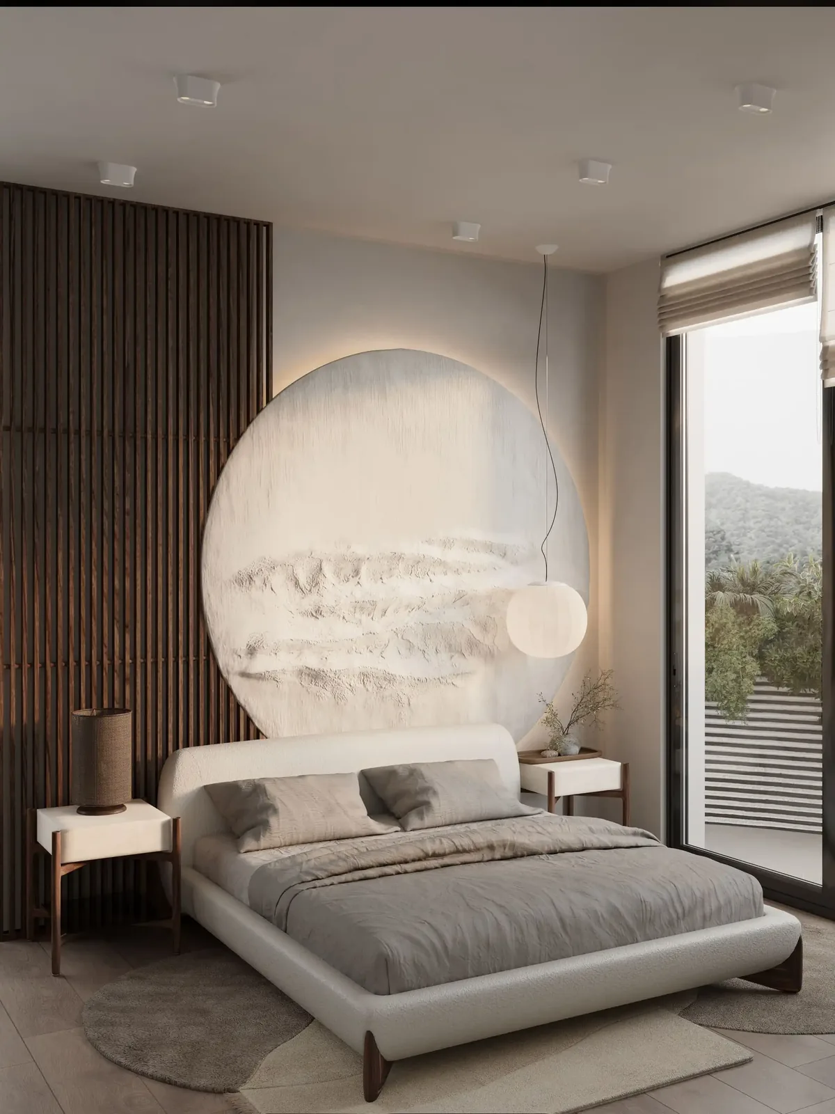 Bedroom with slatted wall and terrace access — Sunny Moon Phuket, Nai Harn