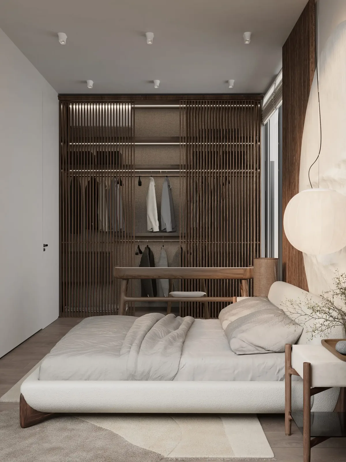 Bedroom with open closet behind timber slats — Sunny Moon Phuket, Nai Harn