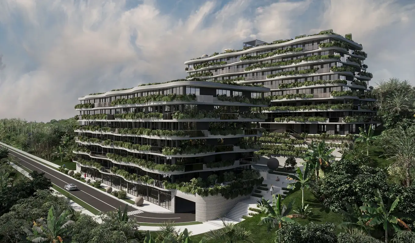 Facade with curved balconies and planting — Sunny Moon Phuket, Nai Harn