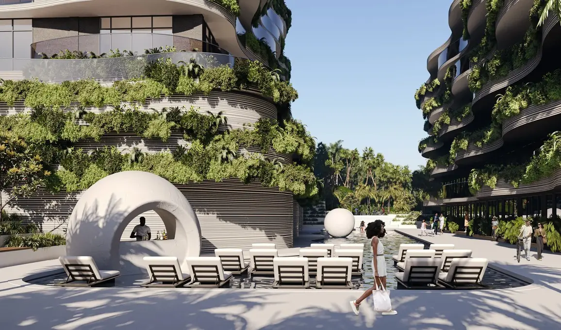Pool area with sun loungers and dome cabanas — Sunny Moon Phuket, Nai Harn