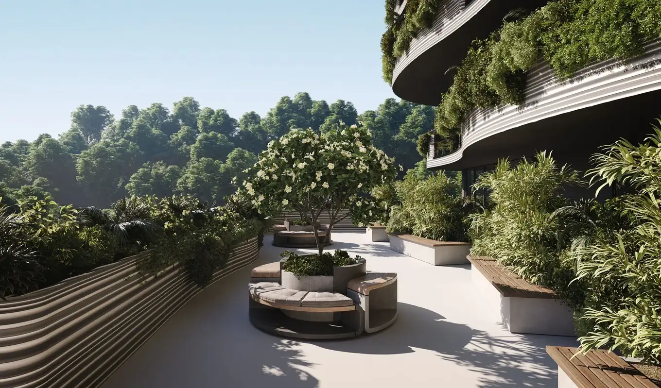 Terrace with a tree and tiered seating — Sunny Moon Phuket, Nai Harn
